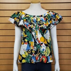 J. Crew Tropical Postcard Print Ruffle Popover Blouse Size 6 Short Sleeve